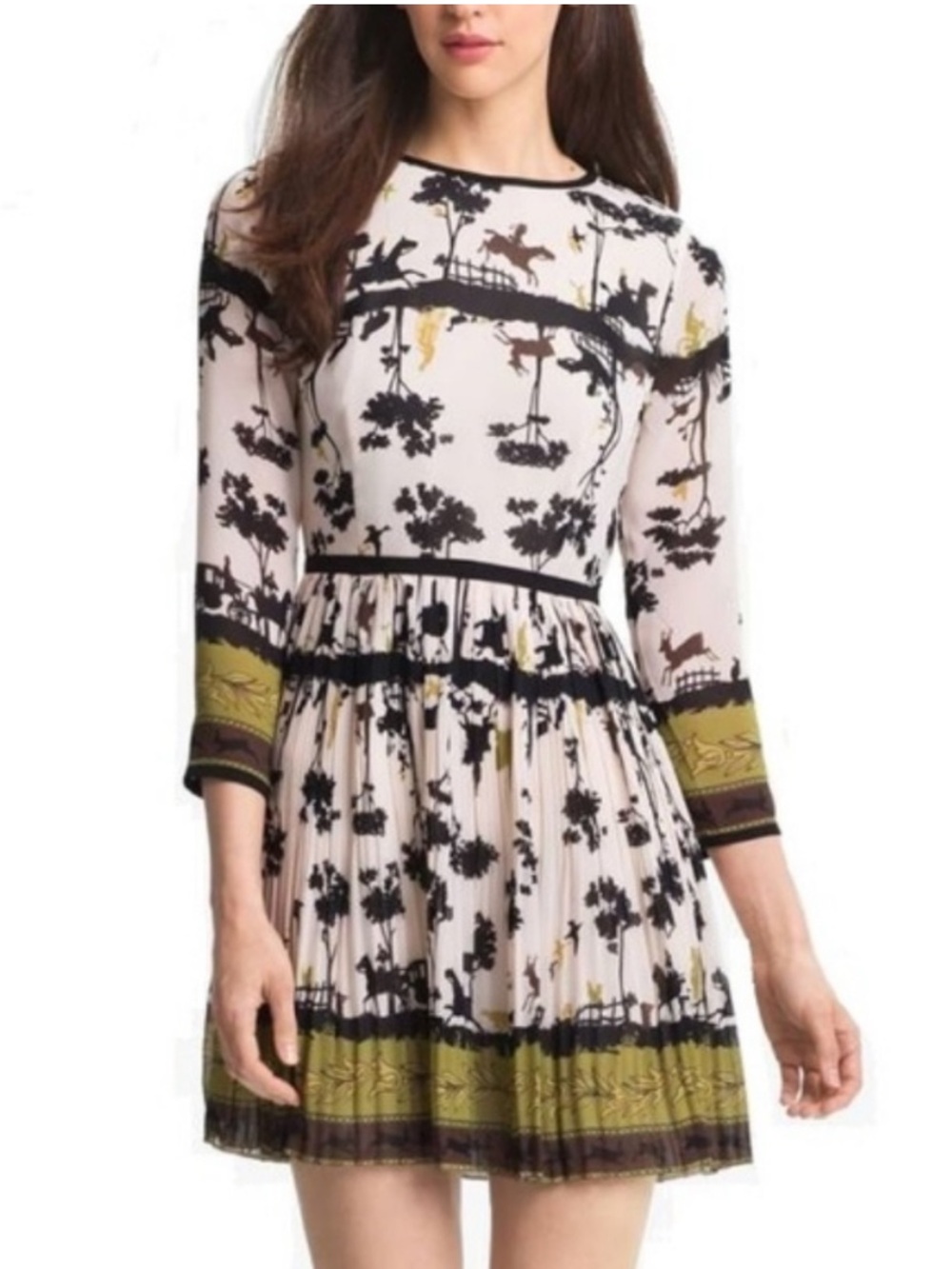 Ted Baker London Western Cowboy Print Pleated Dress size 3 US Large Cream Black